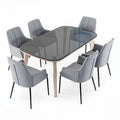Mesa retangular de vidro 200 x 100 x 75cm com seis cadeiras cinzas e pernas de madeira