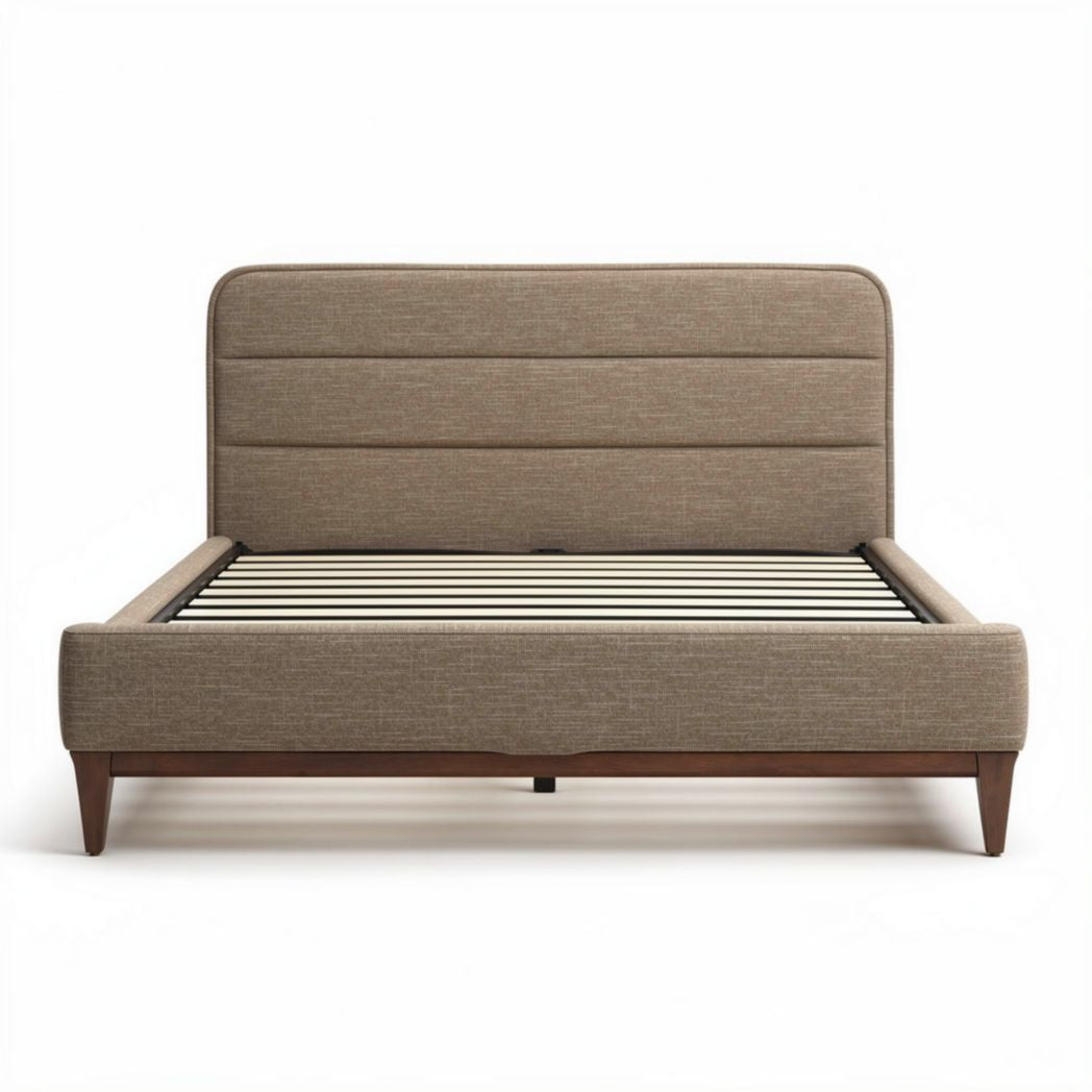 Cama estofada com cabeceira em tecido cinza e pés de madeira 200 x 160 x 100cm