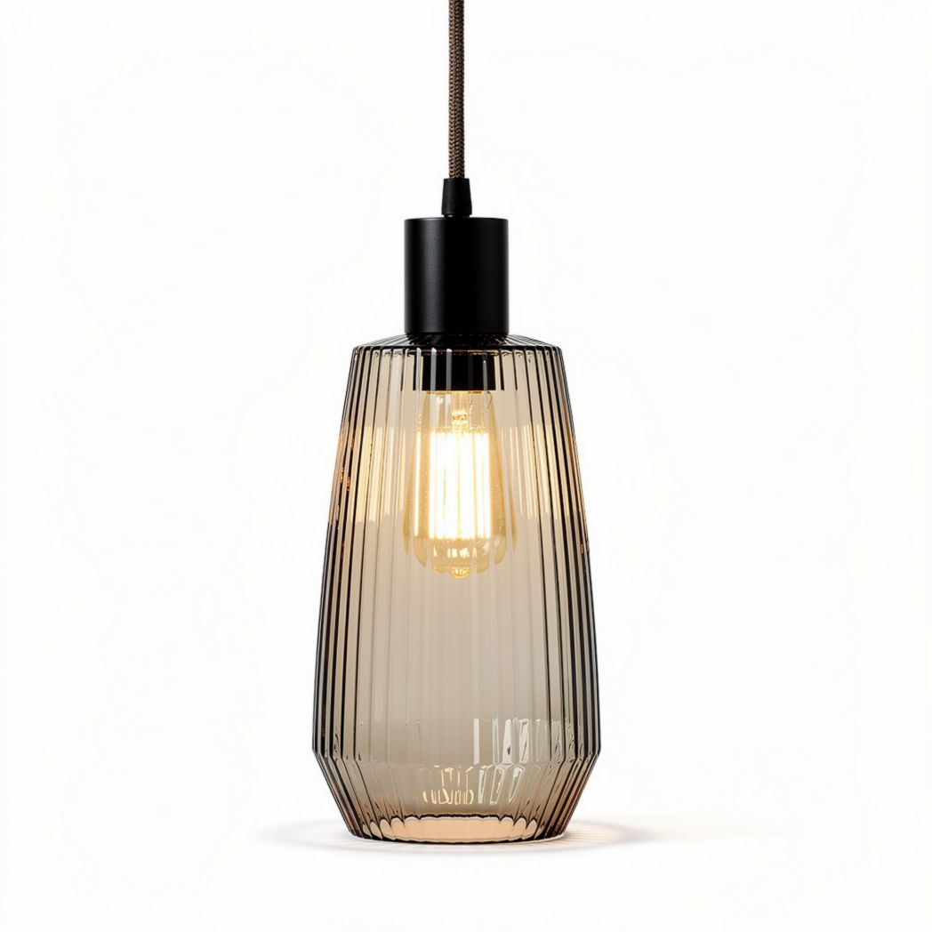 Luminária pendente de vidro fumê com design estriado 22 x 12 x 12cm