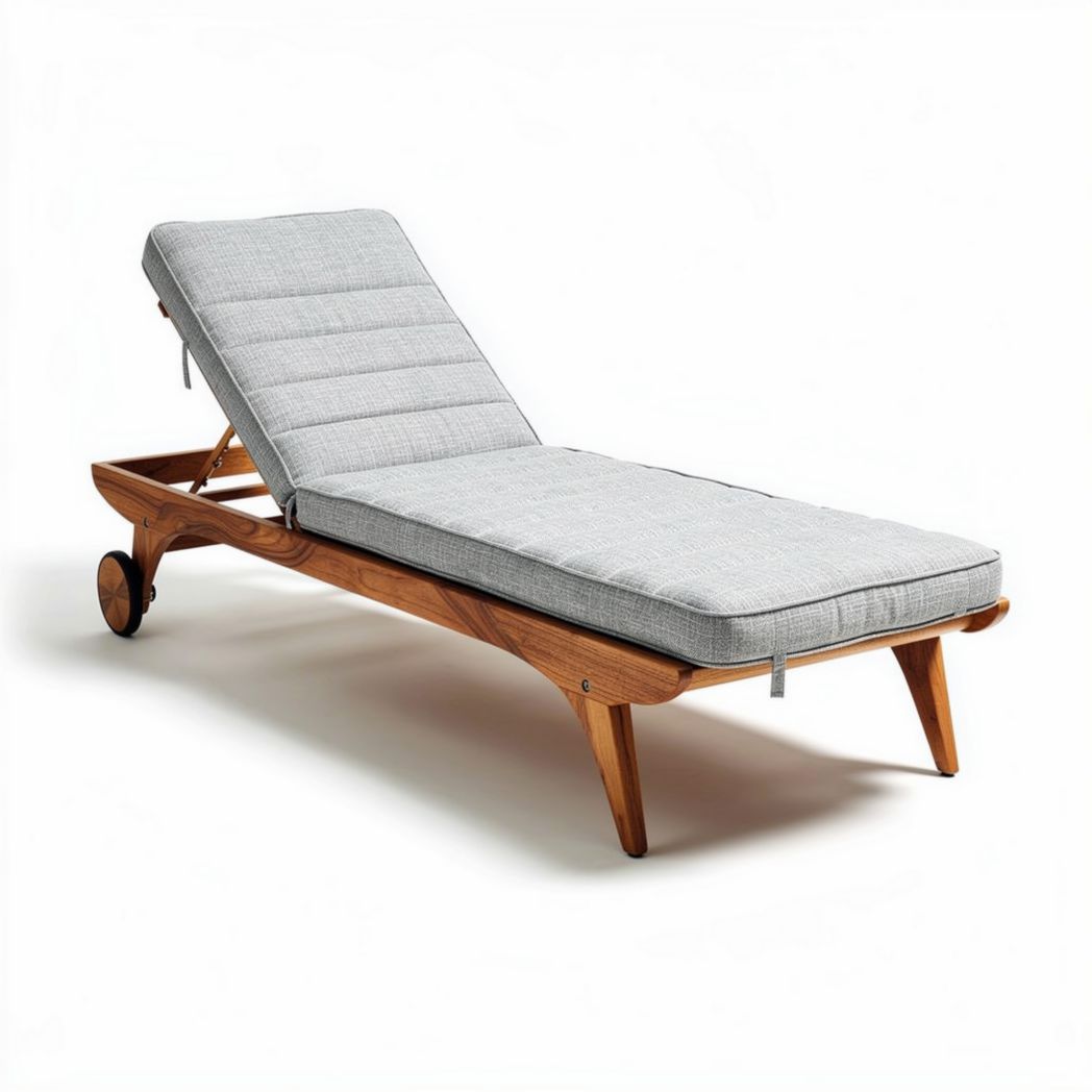 Espreguiçadeira de madeira com estofado cinza 200 x 70 x 30cm