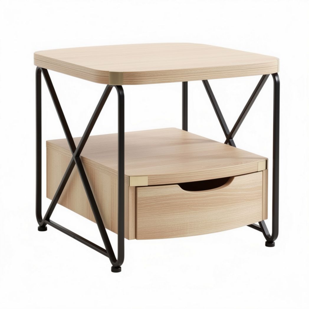 Mesa lateral quadrada em madeira com estrutura metálica e gaveta 45 x 45 x 55cm